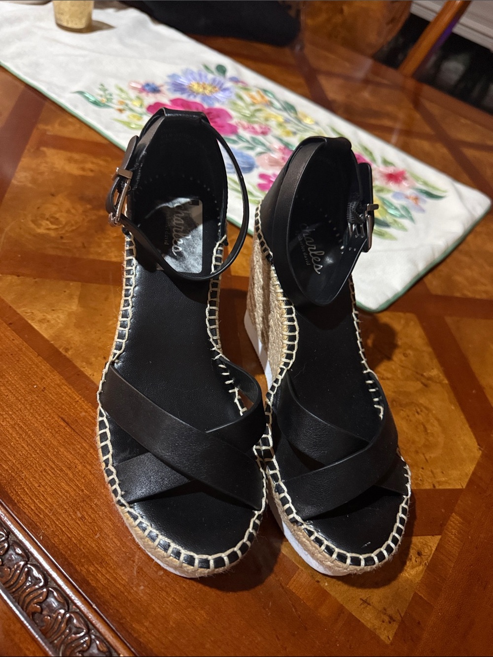 Charles By Charles David Black Espadrille Wedge Sandals with Ankle Strap